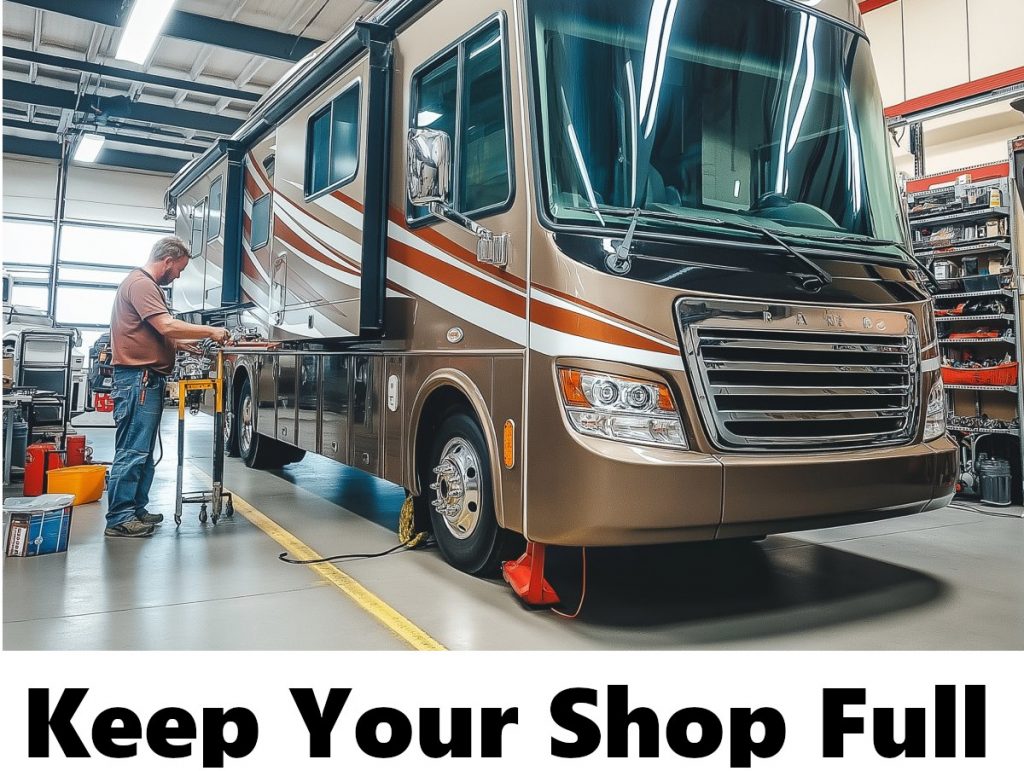 Picture of a RV repair shop - with RV tech marketing you can keep your RV service center full or your mobile rv tech repair company busy.